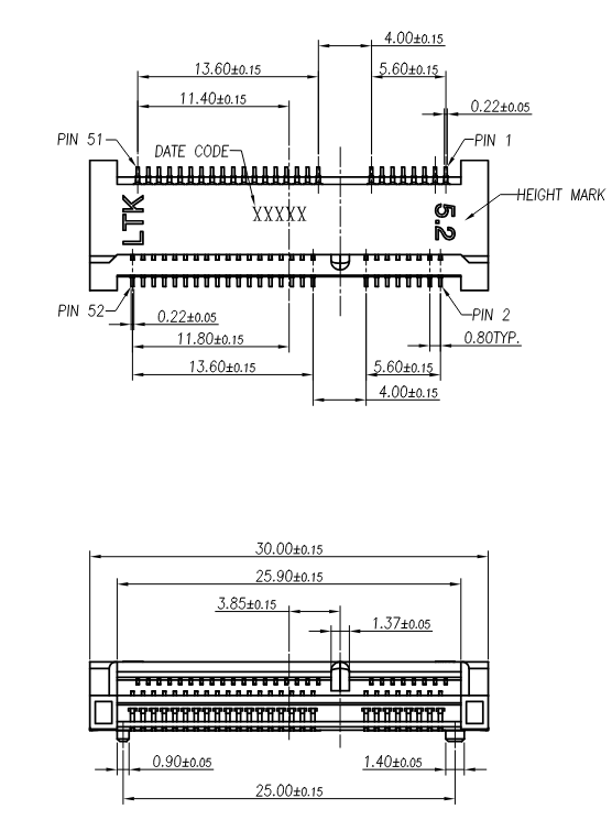 ابعاد کانکتور Mini PCI Express مدل ARGOSY MPCET-S5201-TP52 در ارویدتک