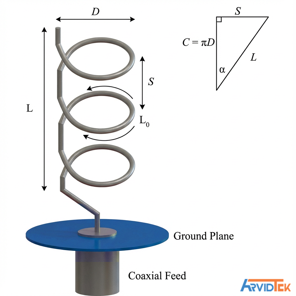مدل سه‌بعدی آنتن هلیکس با فید کواکسیال روی صفحه زمین
