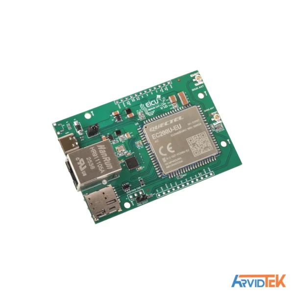 نمای زاویه‌دار از درگاه‌های ارتباطی و آنتن برد ماژول مودم NEXUS-E0402N