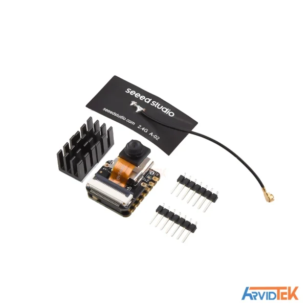 برد توسعه Seeed Studio XIAO ESP32-S3 Sense ملحقات و قطعات داخل بستهبندی برد XIAO ESP32S3 Sense شامل آنتن، هیتسینک و پینهدر.